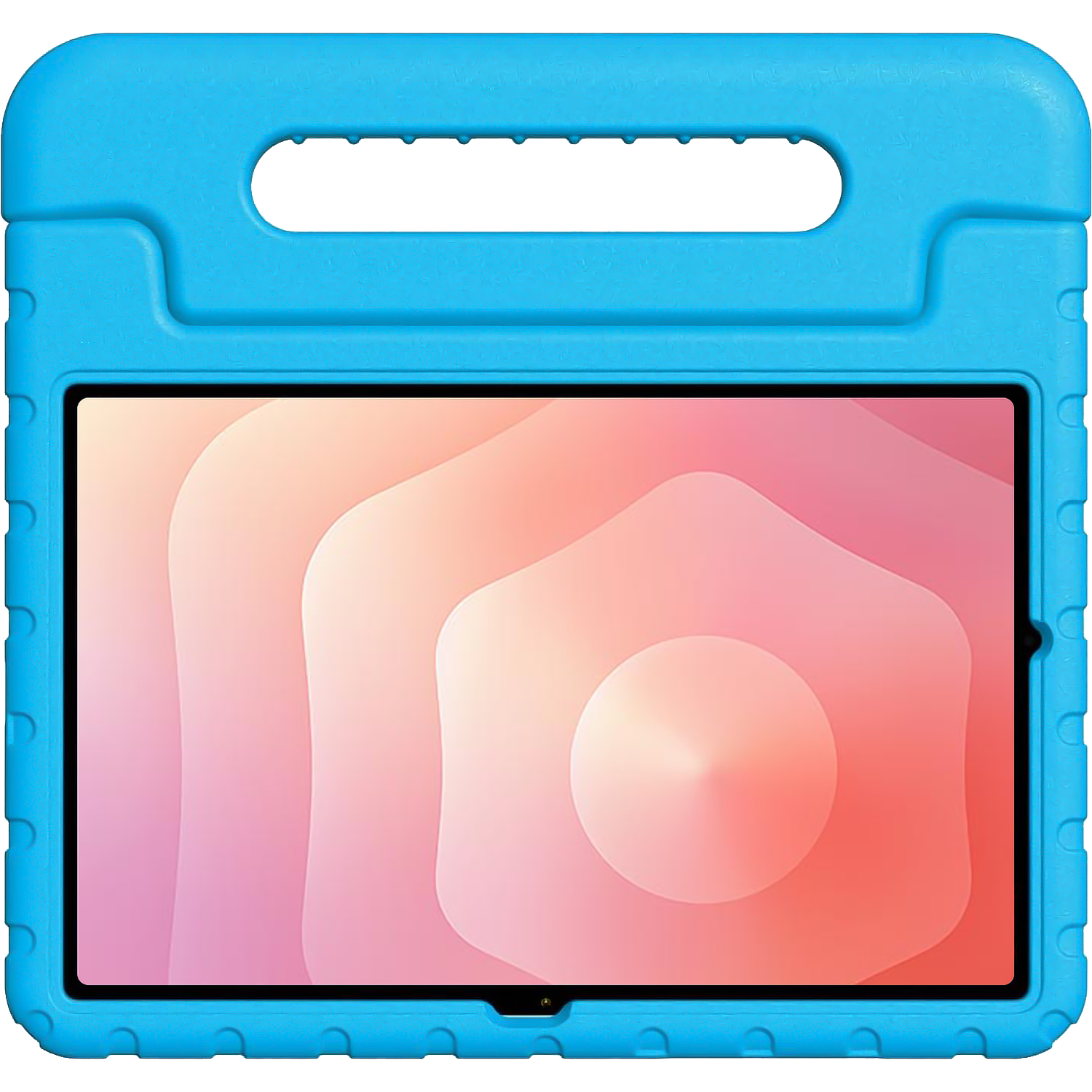 Un étui bleu pour tablette avec poignée et un fond d'écran coloré.