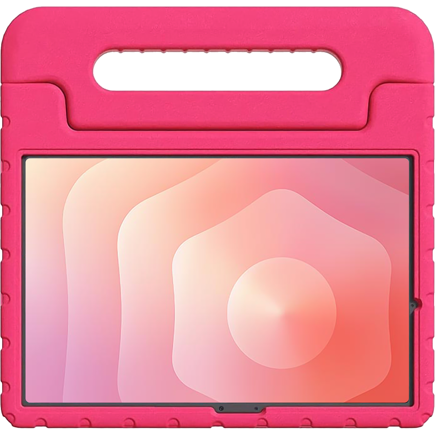 Une coque rose pour tablette avec poignée et fond d'écran coloré.