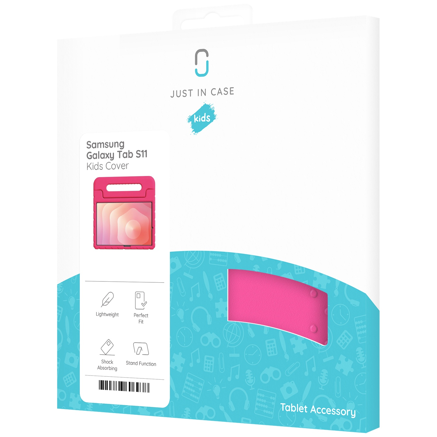 Emballage rose pour coque Samsung Galaxy Tab S11 Kids avec icônes. Léger, Ajustement parfait, Absorption des chocs, Fonction support.