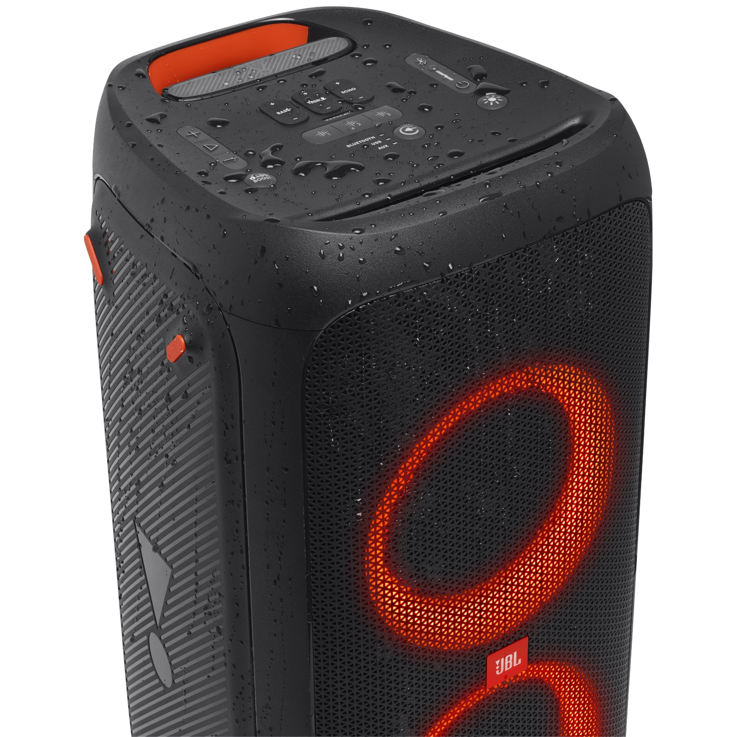 Enceinte JBL noire avec cercles lumineux rouges et gouttes d'eau.