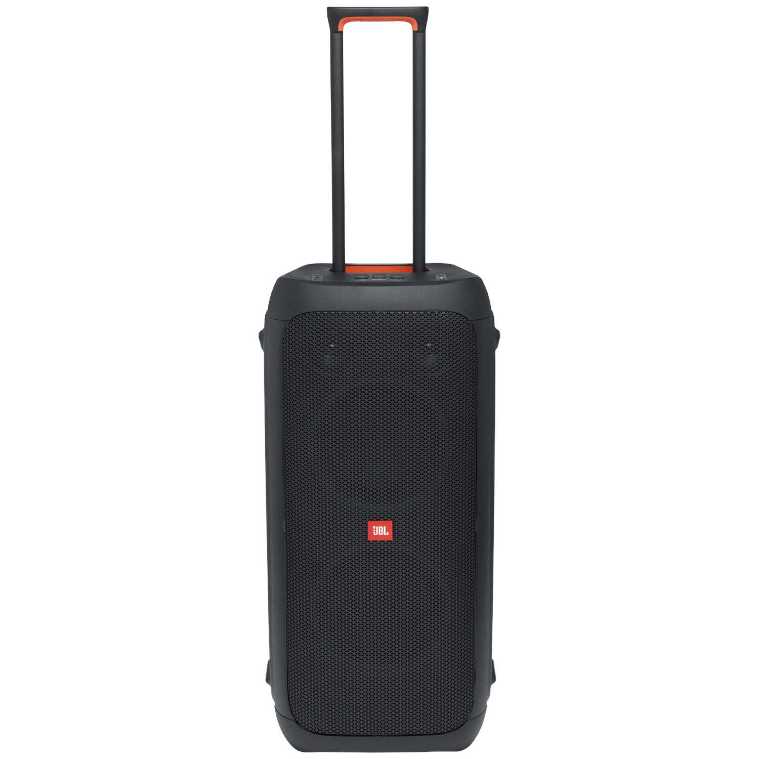 Enceinte portable noire avec poignée rétractable et roues.