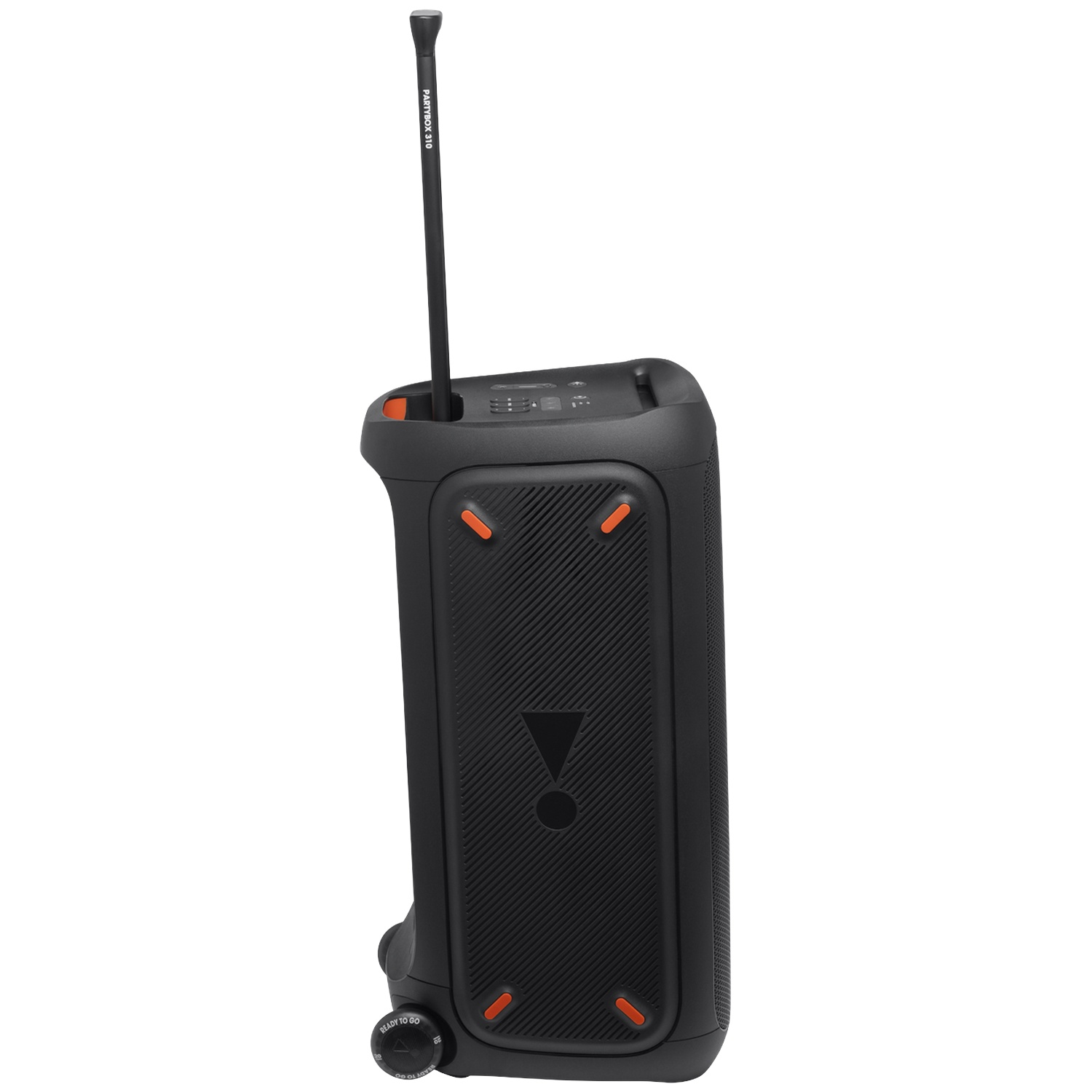 Enceinte JBL Partybox 310 noire avec microphone déployé et roues.