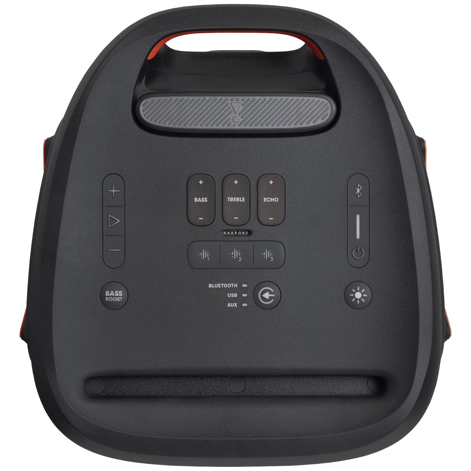 Haut-parleur portable noir avec poignée et commandes Bass, Treble, Echo et Karaoké.