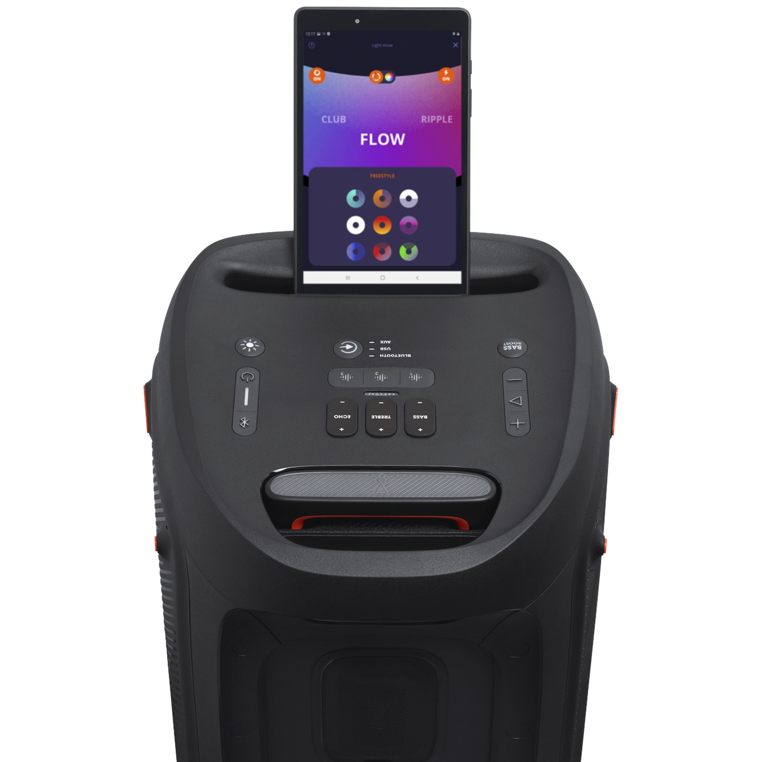Enceinte noire avec une tablette affichant des options de jeu de lumière.