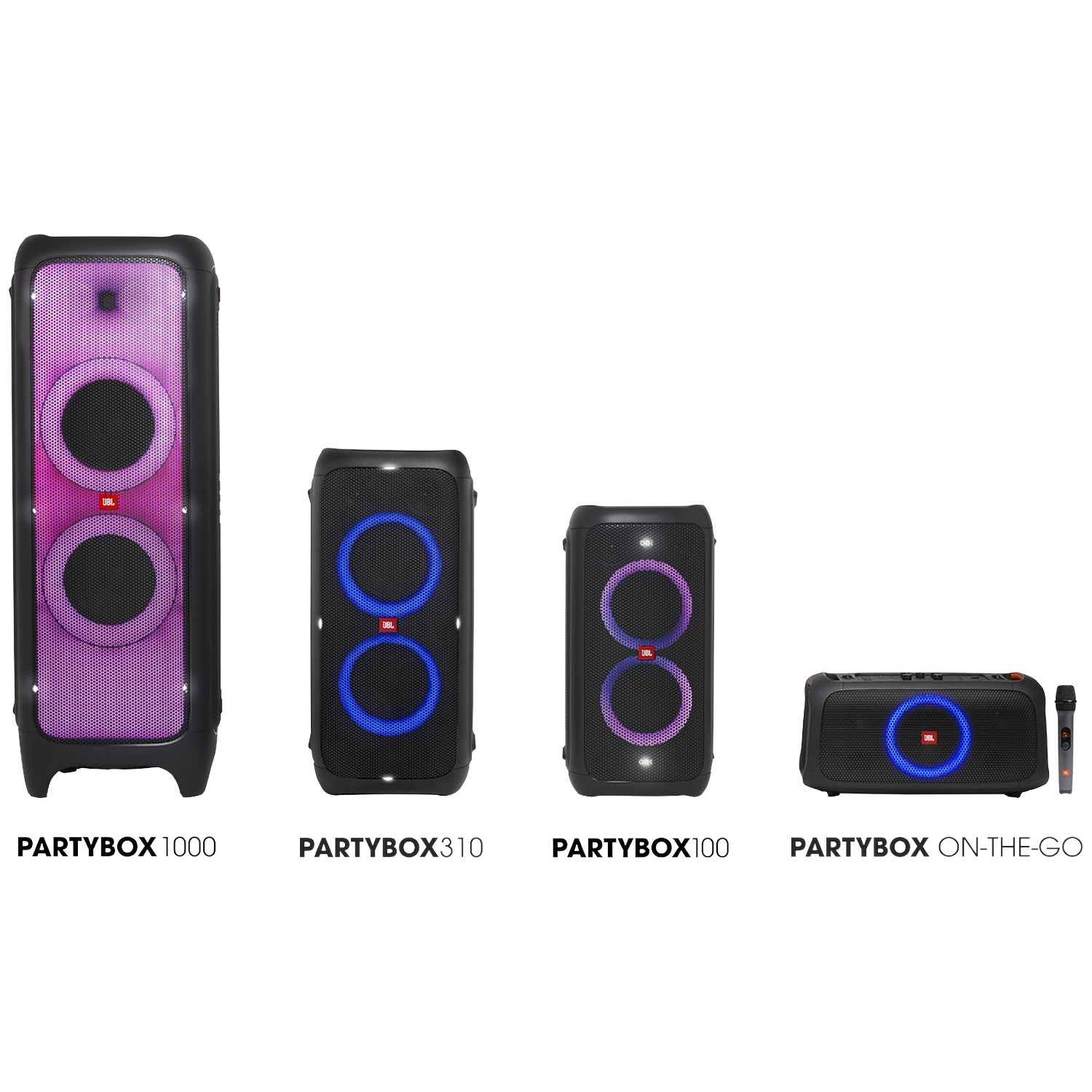 Quatre JBL Partybox de tailles différentes avec lumières. La plus grande est à gauche.