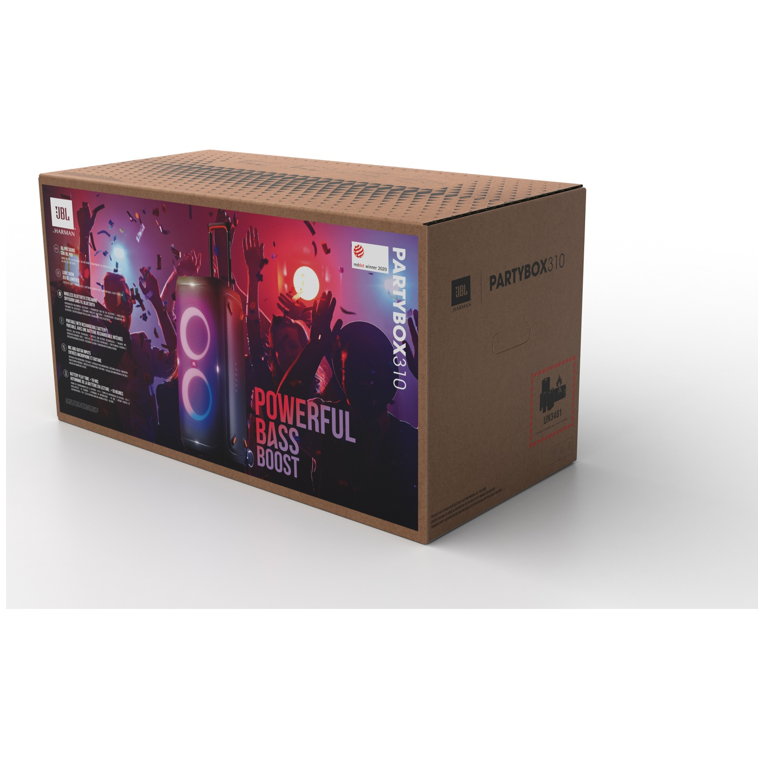 Boîte en carton JBL PartyBox 310 avec scène de fête, haut-parleur et lumières.