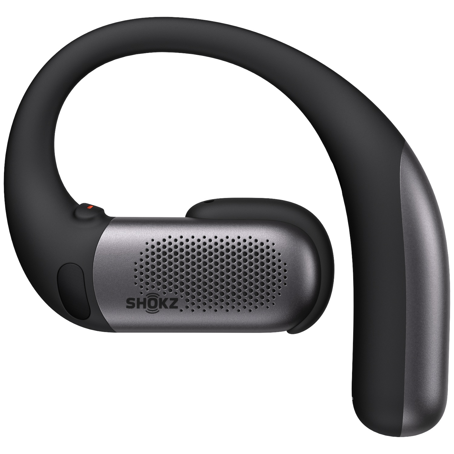 Zwarte nekbandkoptelefoon met metalen luidsprekerelement en Shokz-logo.