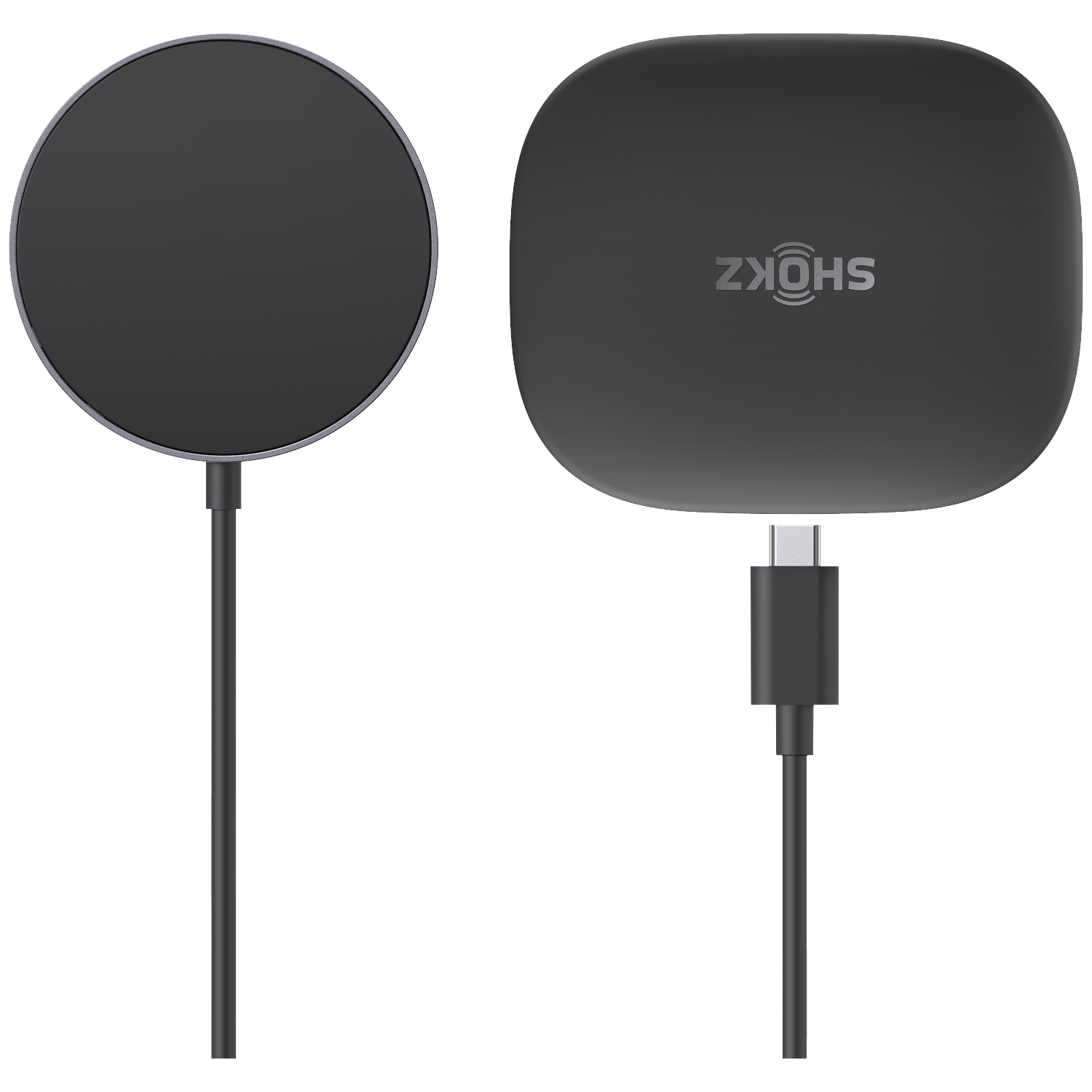 Een zwarte ronde oplaadpuck en een rechthoekige oplaadcase met USB-C-kabel.