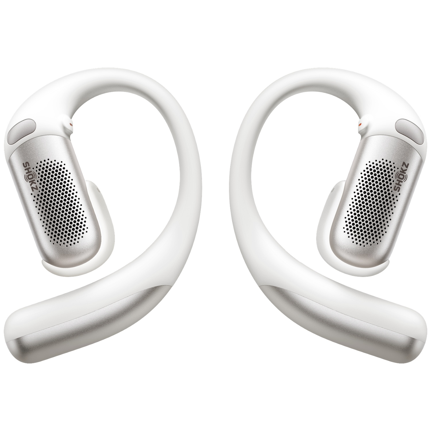 Twee witte koptelefoons met zilveren accenten en gaaspatroon.