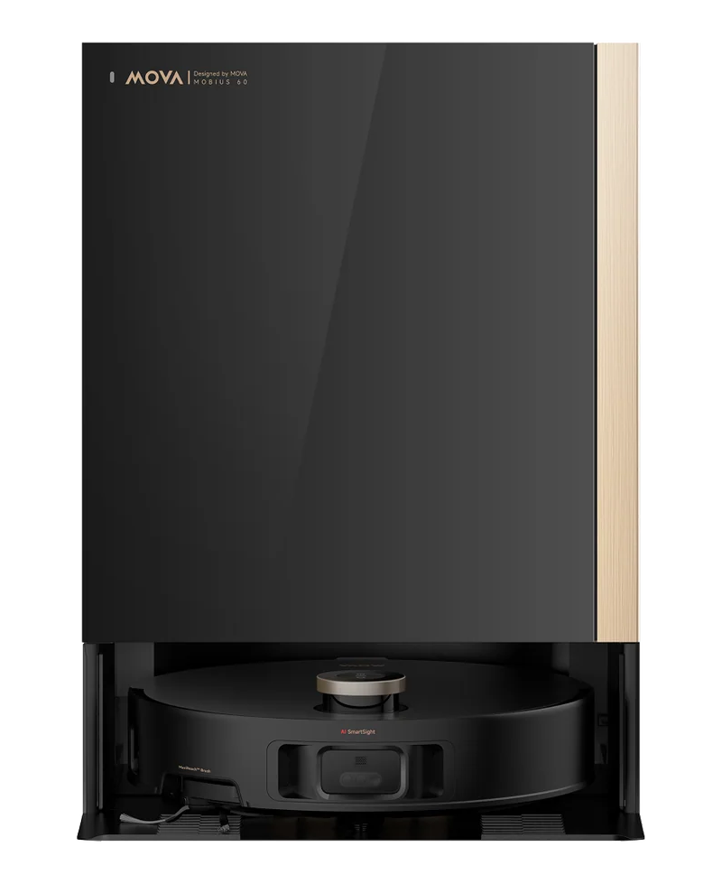 Aspirapolvere robot nero con finiture dorate e logo MOVA.