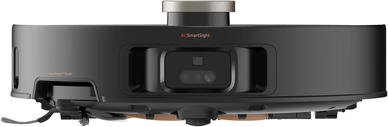 Aspirapolvere robot nero con telecamere e spazzole.