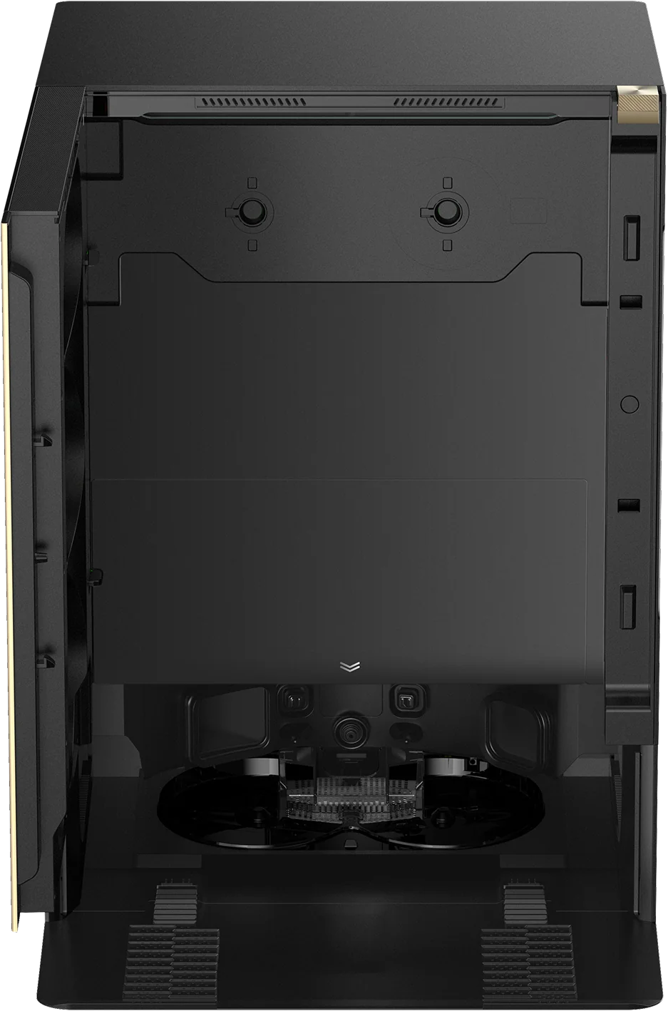 Case PC nero con finitura oro, aperto mostra ventole e componenti interni.