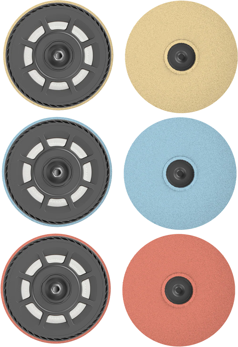 Sei dischi abrasivi con centri neri e superfici colorate: beige, blu, rosso.
