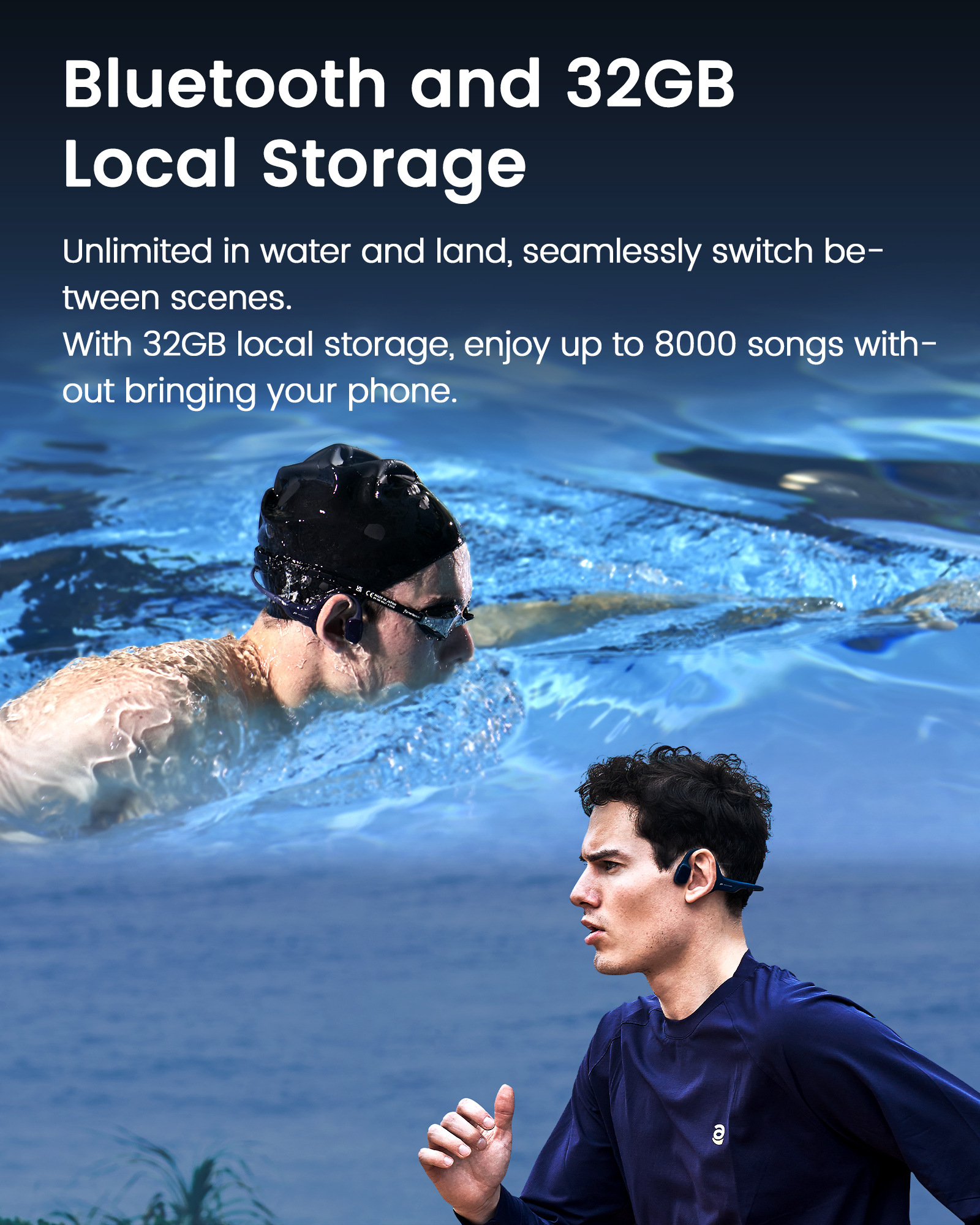 Nageur dans une piscine et coureur sur terre, tous deux portent des écouteurs. Texte: Bluetooth et Stockage 32Go.
