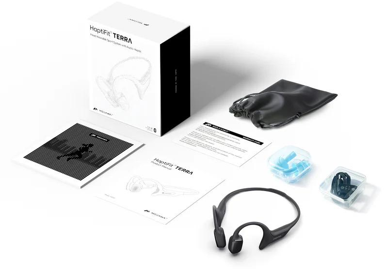 Un ensemble d'écouteurs HaptiFit Terra avec manuel et accessoires.