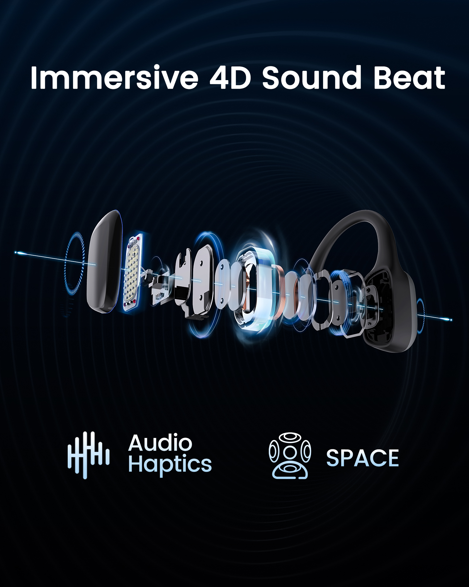 Explodierte Ansicht von Kopfhörern mit Text 'Audio Haptics' und 'SPACE'.