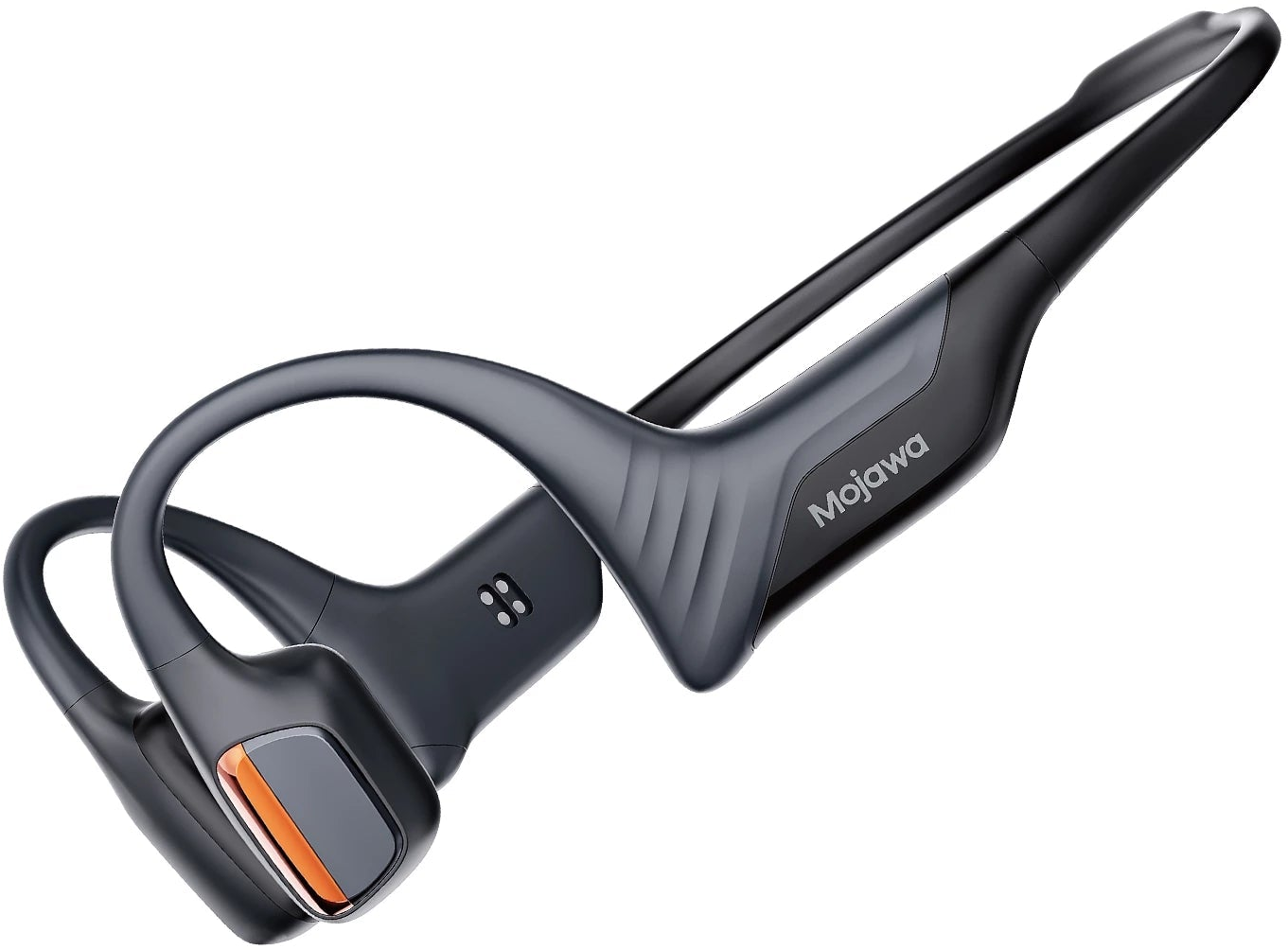 Écouteurs noirs à conduction osseuse avec accents orange et logo 'Mojawa'.