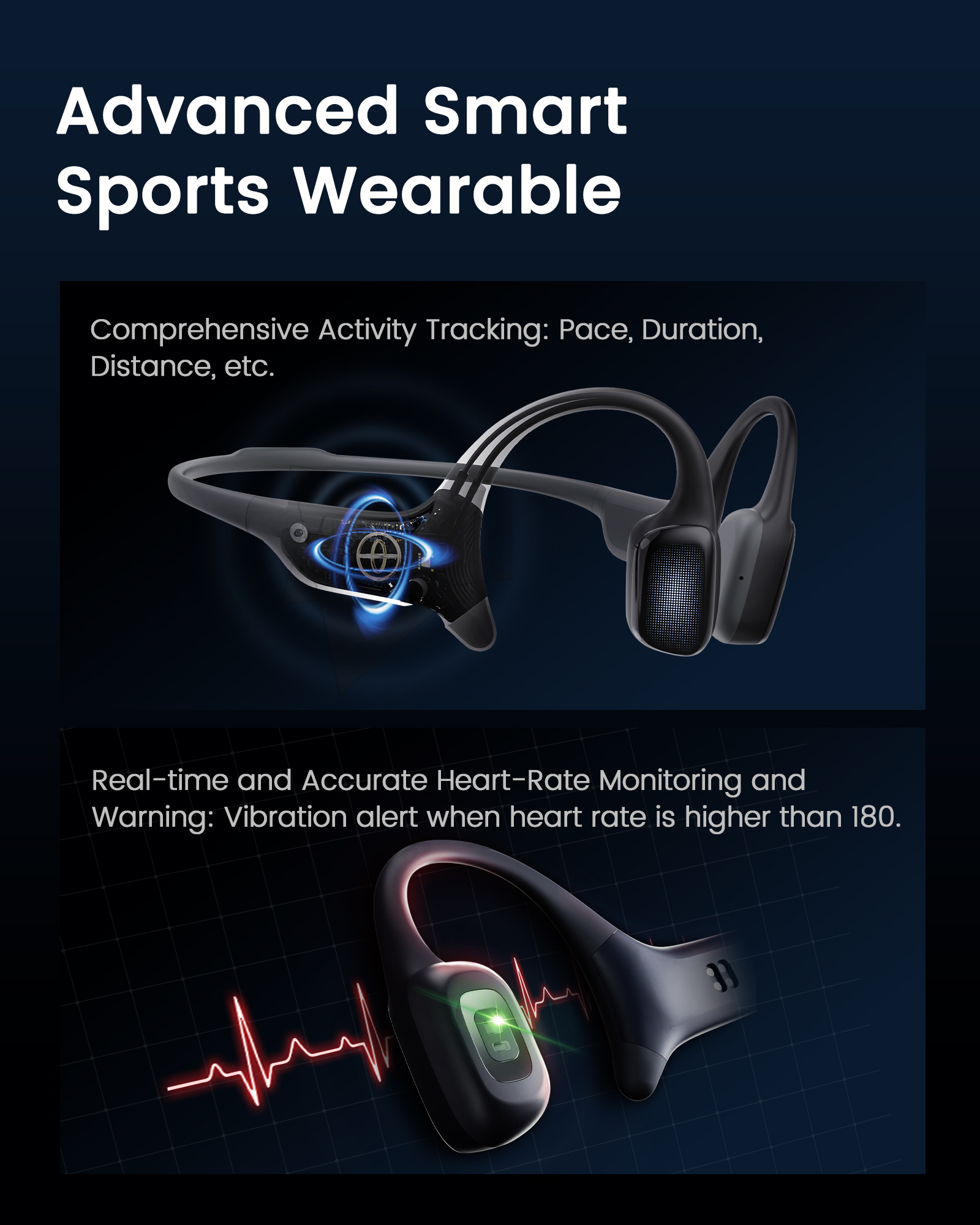 Ein schwarzes Sport-Headset mit Aktivitätsverfolgung und Herzfrequenzüberwachung.