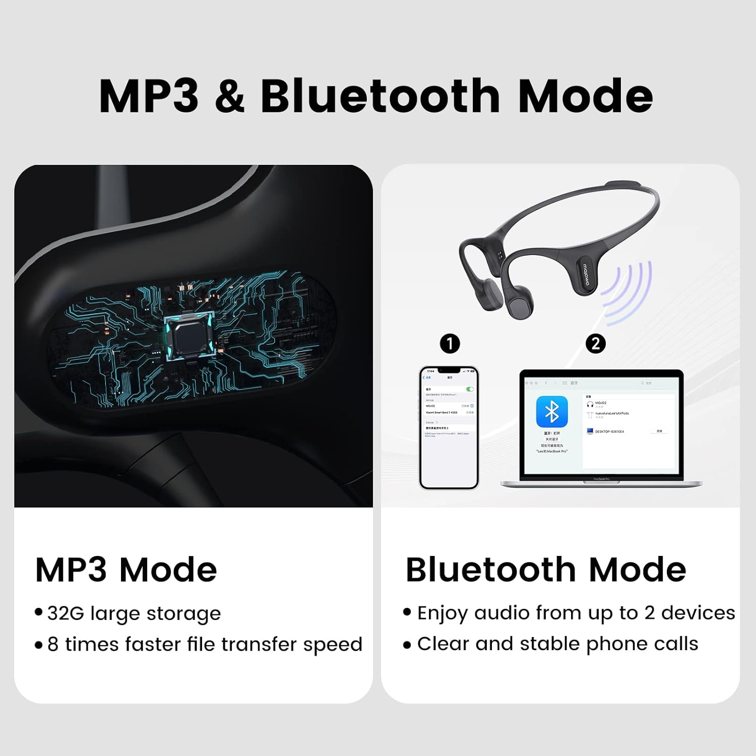 Casque avec modes MP3 et Bluetooth, stockage et connexion de périphériques.