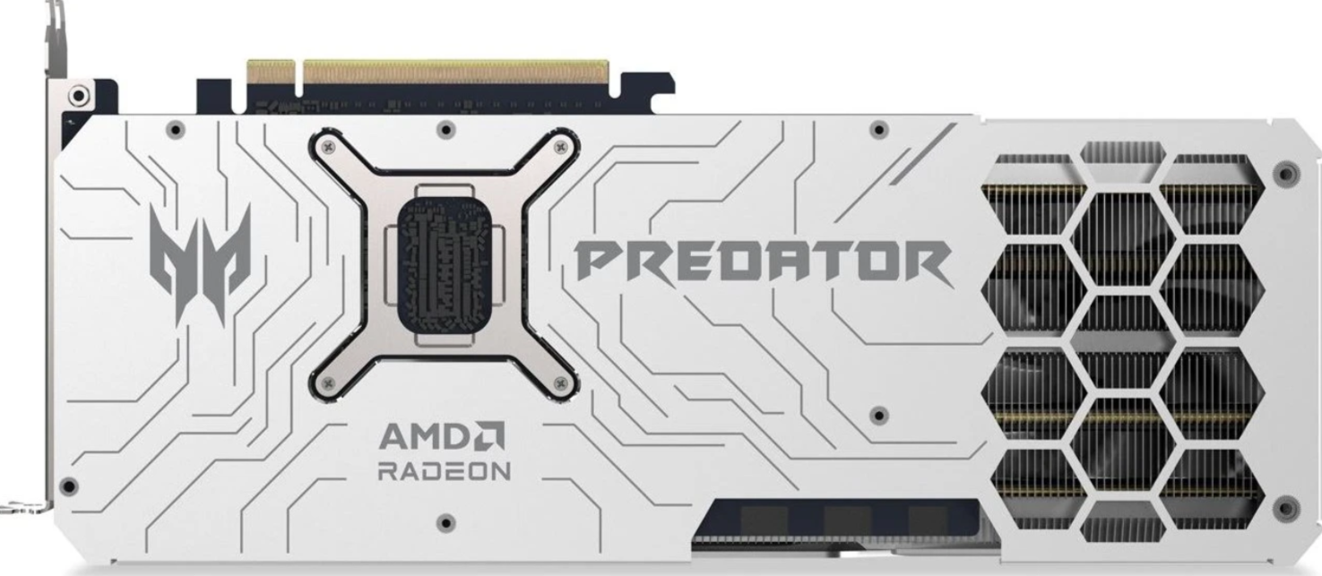 Weiße Grafikkarte mit Predator- und AMD Radeon-Logo, Lüftergitter.
