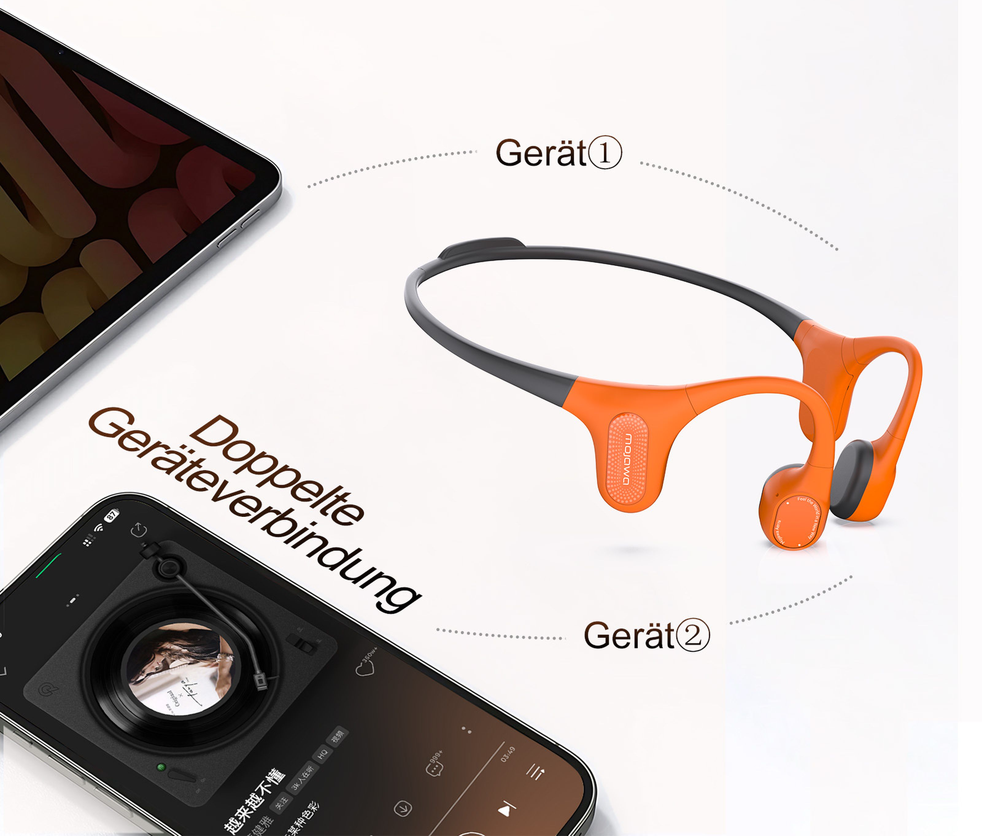 Casque orange et une tablette avec un smartphone affichant la lecture de musique.