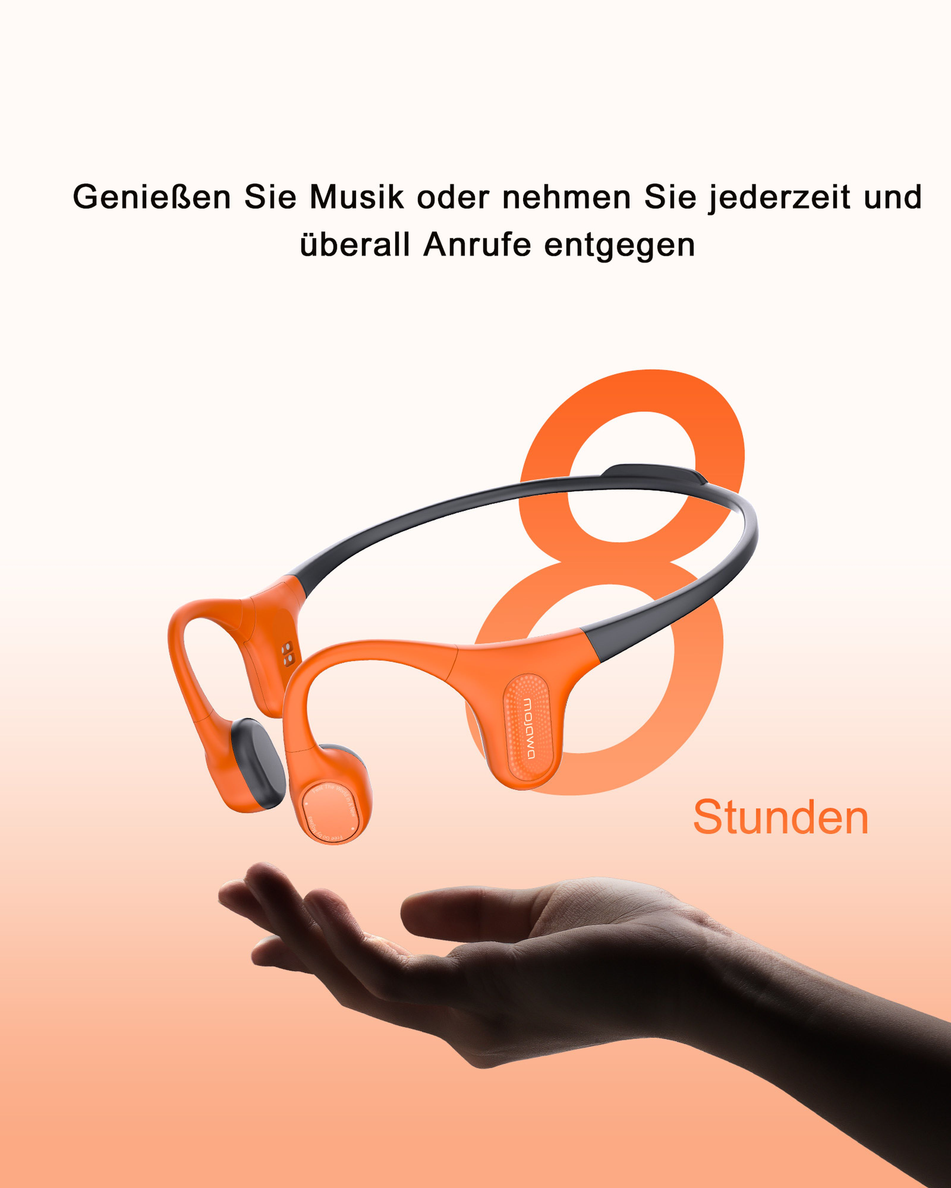Casque orange flottant au-dessus d'une main. Grand 8 et 'Stunden'.
