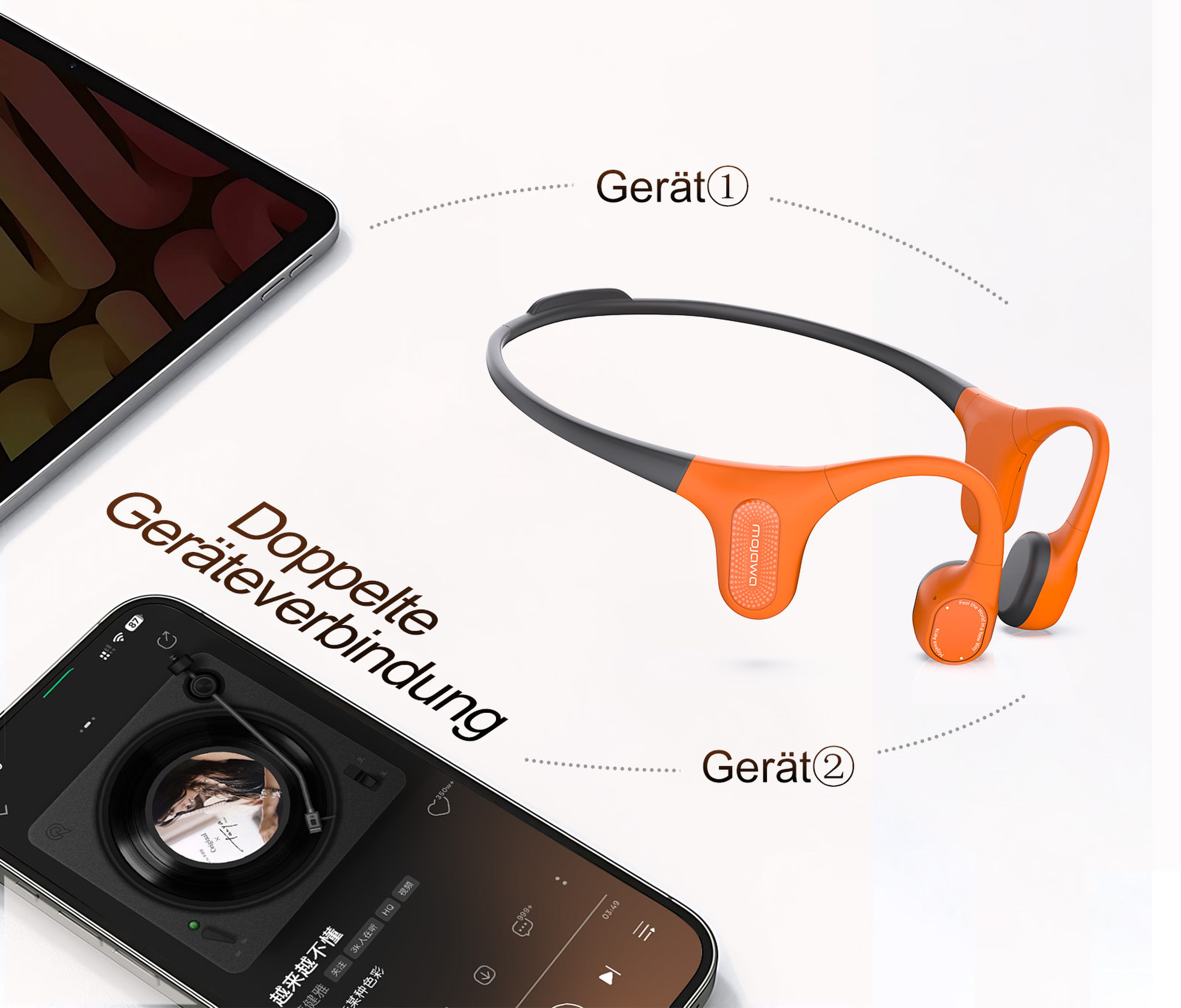Casque orange connecté à un smartphone et une tablette. Texte : Doppelte Geräteverbindung.