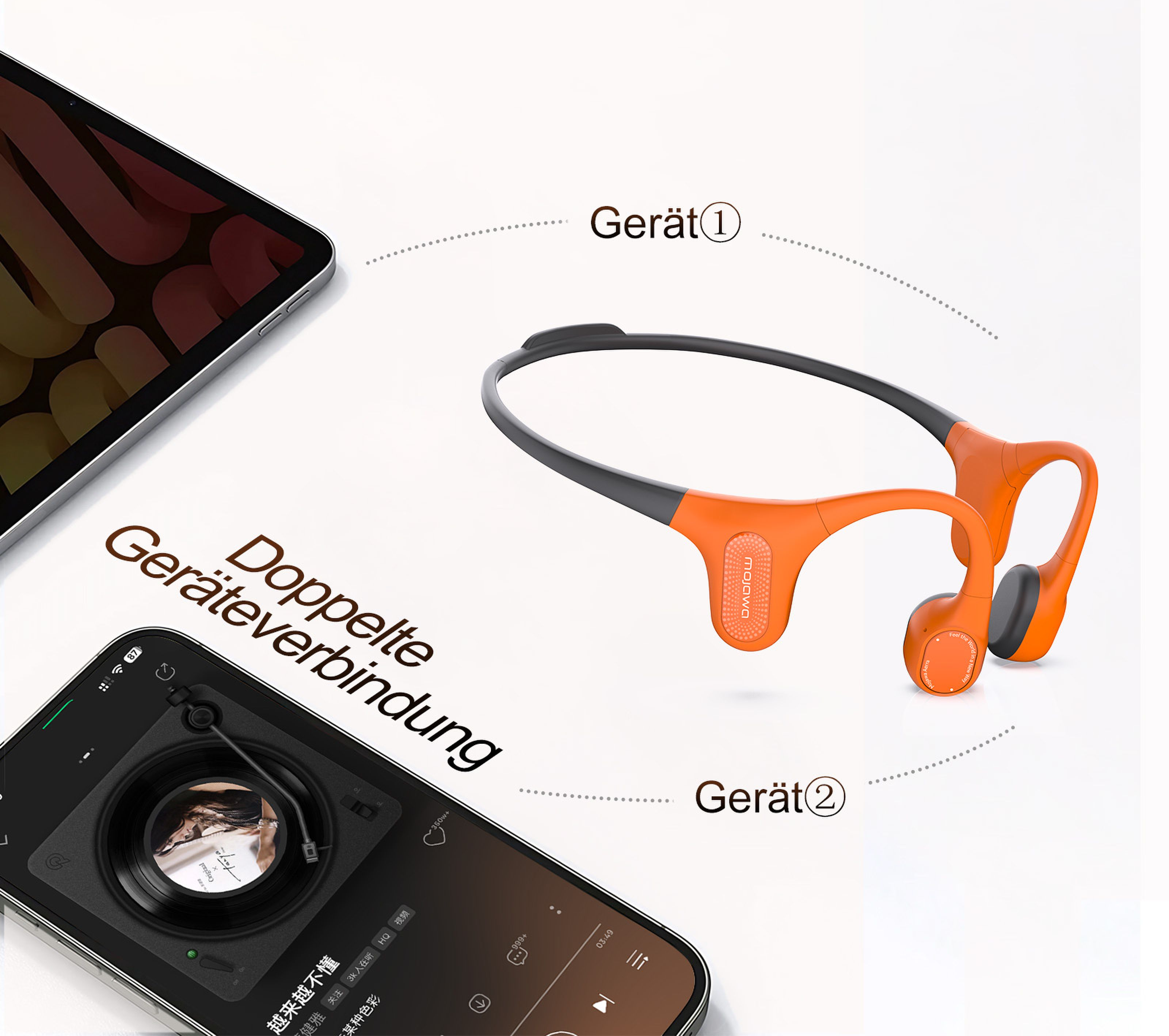 Casque orange avec tablette et téléphone montrant une double connexion.