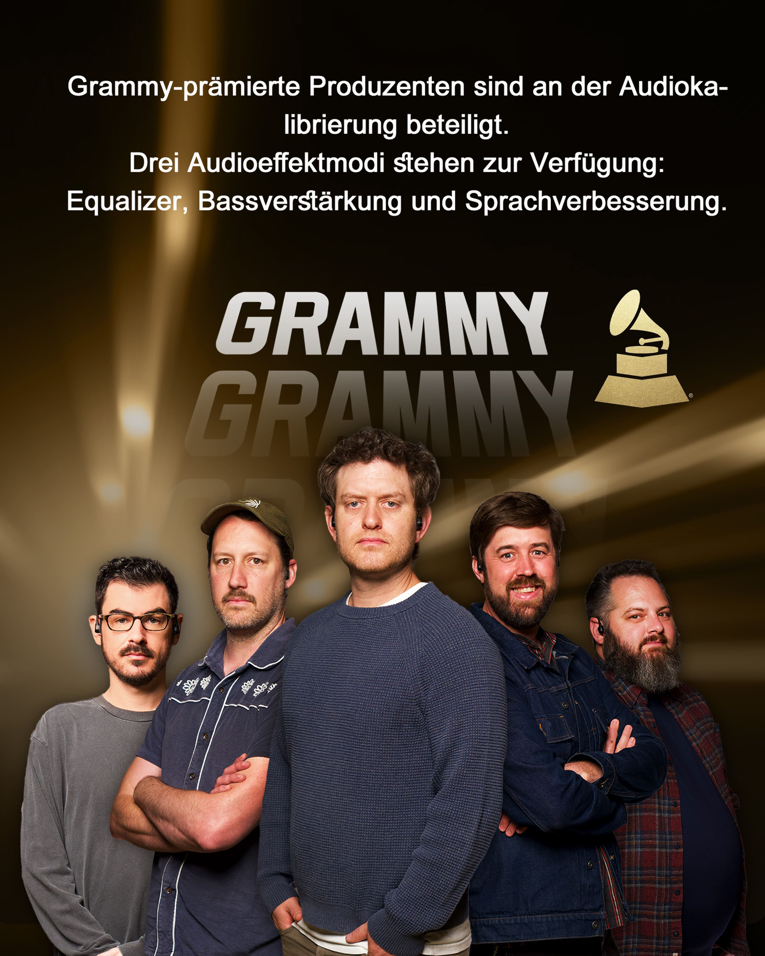 Cinq hommes devant un logo doré Grammy. Le texte mentionne producteurs et effets audio.