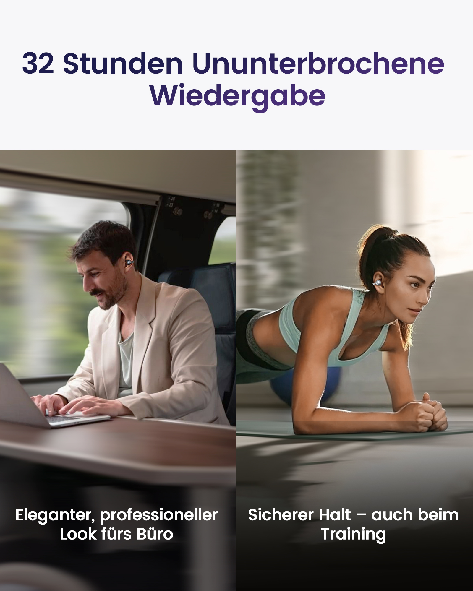 Homme en costume dans un train avec ordinateur portable, femme en soutien-gorge de sport en planche.