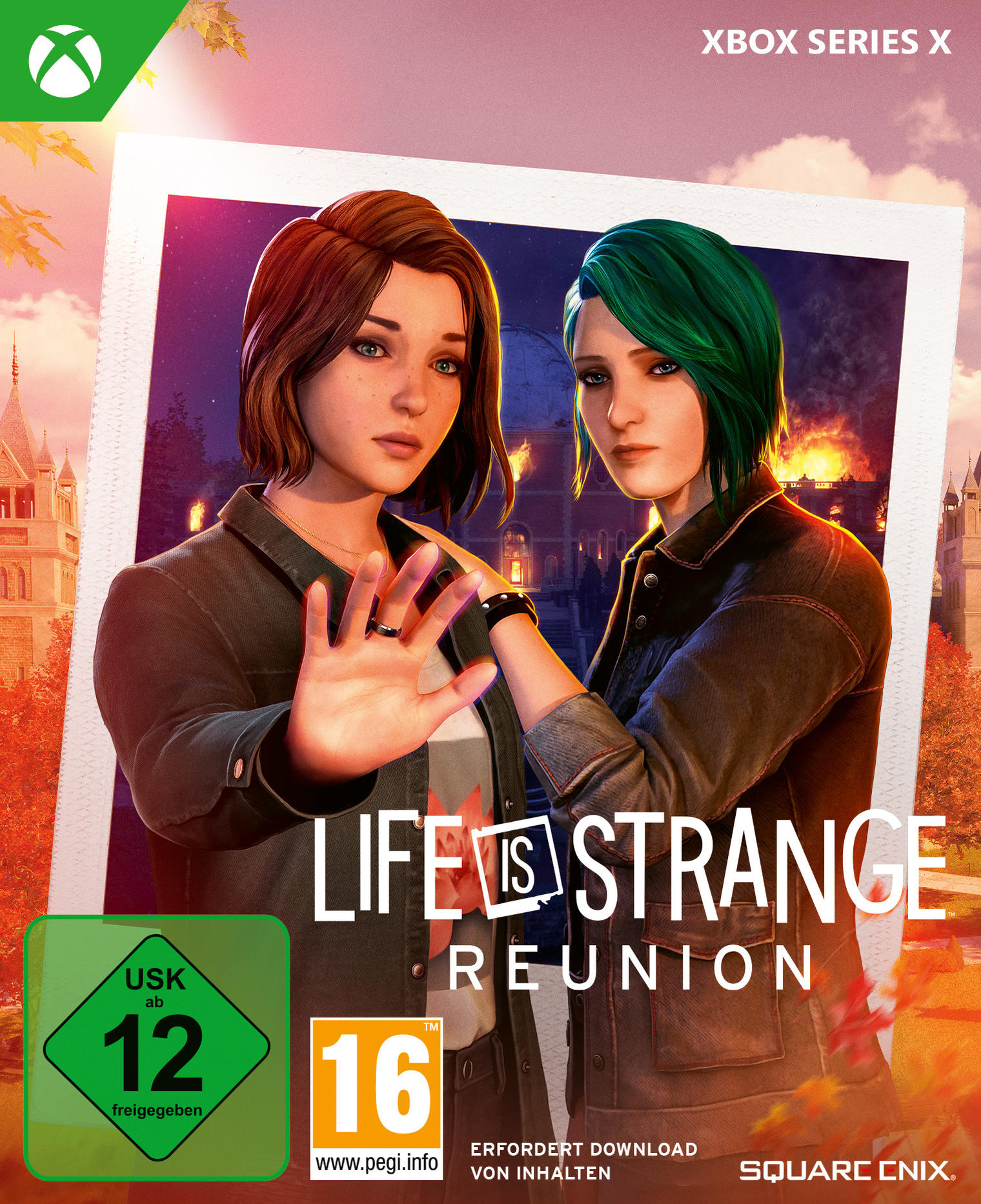 Zwei junge Frauen vor brennendem Gebäude. Spielcover 'Life is Strange: Reunion'.
