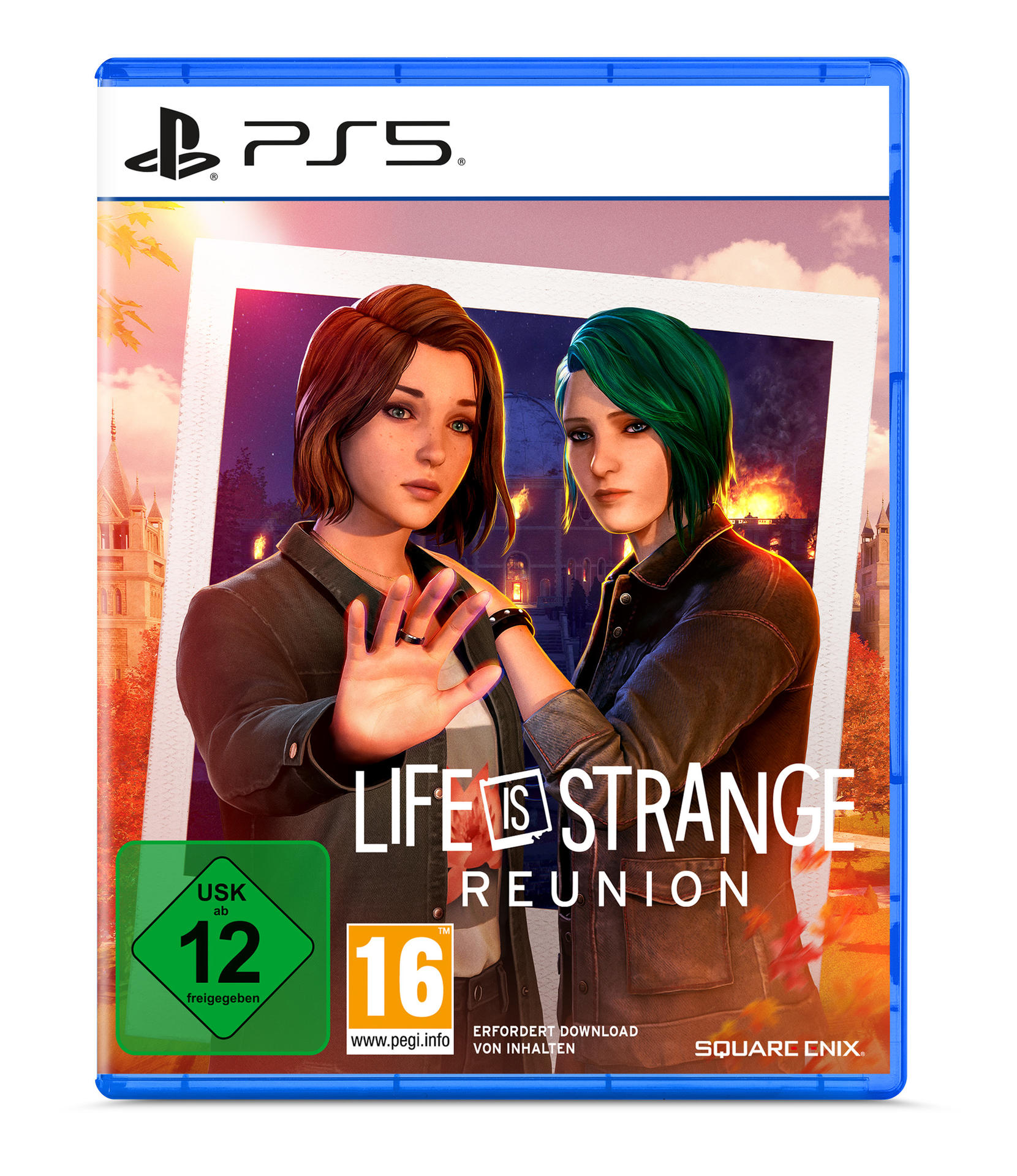 Das Cover von Life is Strange: Reunion für PS5 zeigt zwei Frauen vor einer Kulisse mit Gebäuden und Herbstlaub.