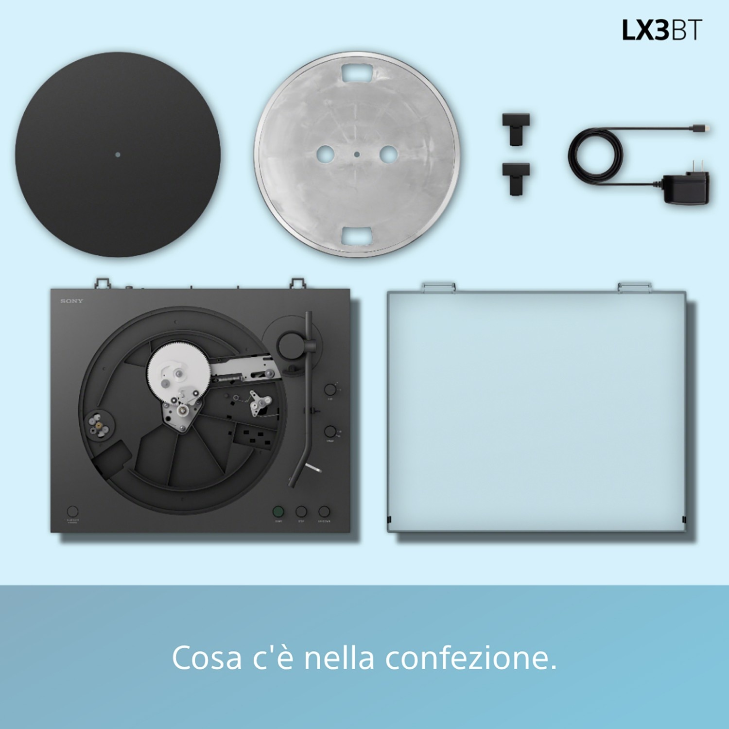 Un giradischi, tappetino nero, piatto argentato, alimentatore, cavo e connettori a T.