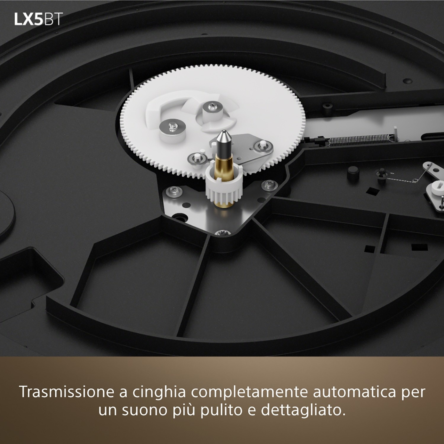 Primo piano del meccanismo del giradischi con ingranaggio e molla.