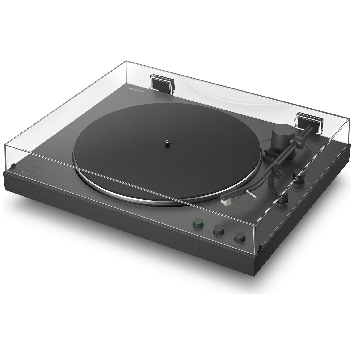 Black turntable with a clear dust cover, tonearm, and control buttons.