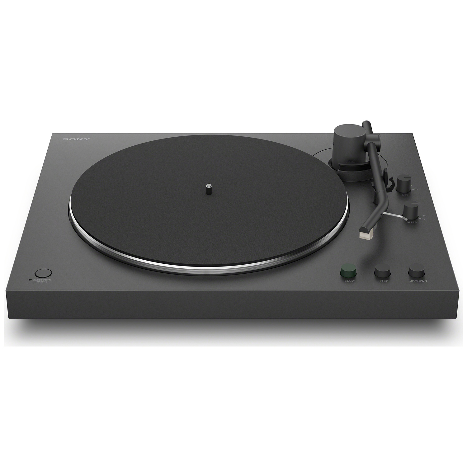 A black turntable with tonearm and control buttons on a white background.