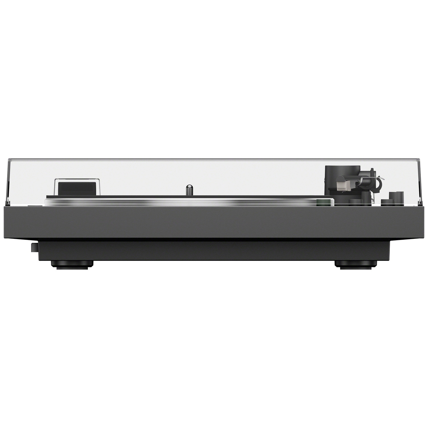 Black turntable with a clear dust cover and tonearm.