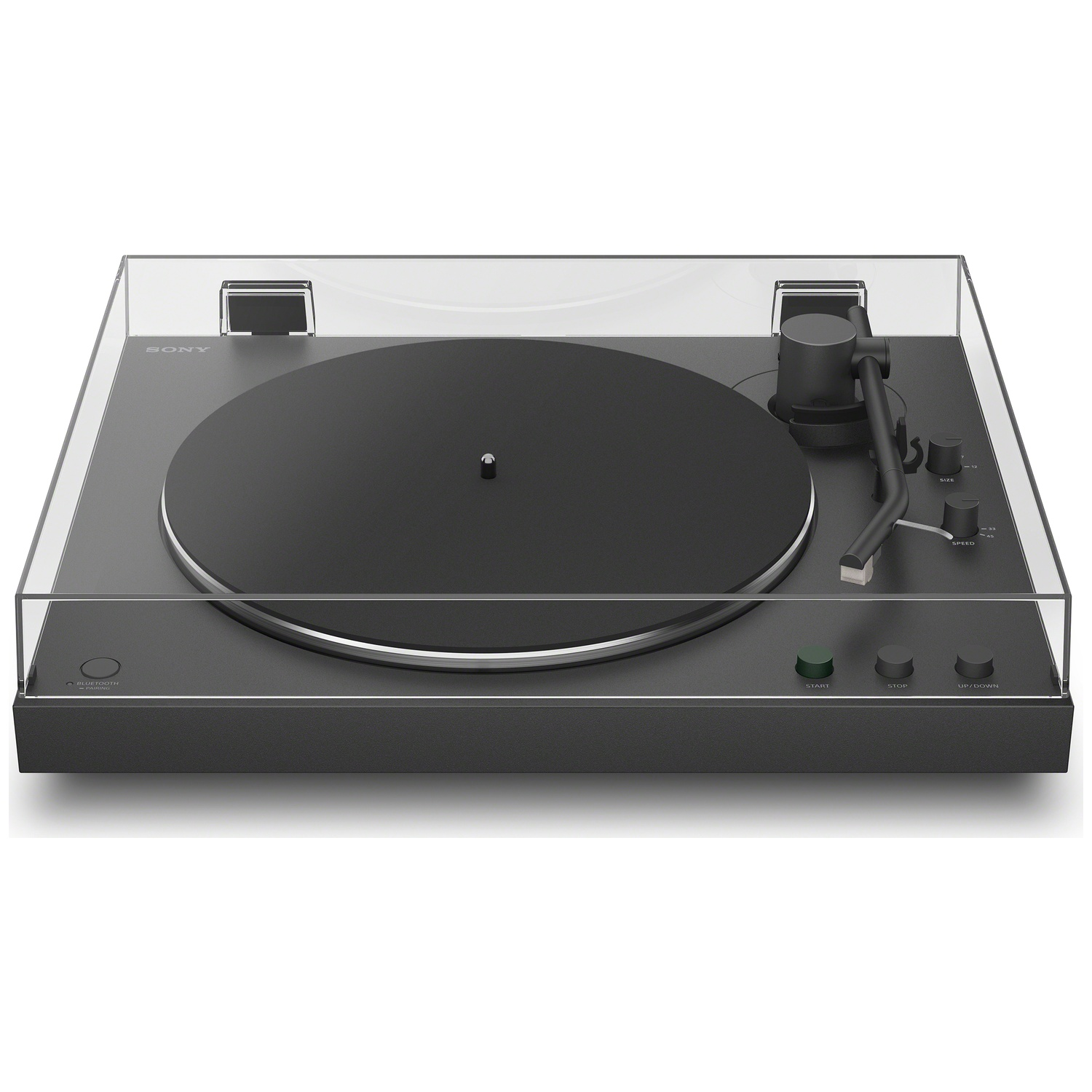 Black turntable with clear dust cover, tonearm, and control buttons.