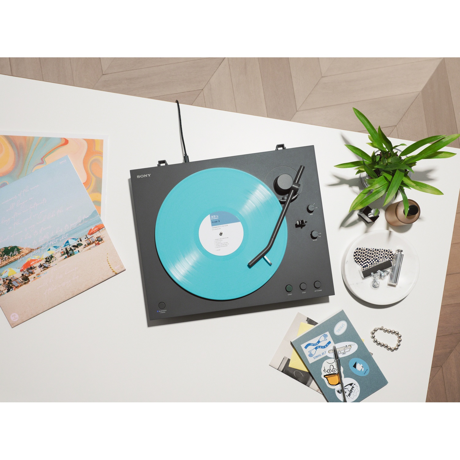 A black record player with a bright blue vinyl record, next to a plant and decor.
