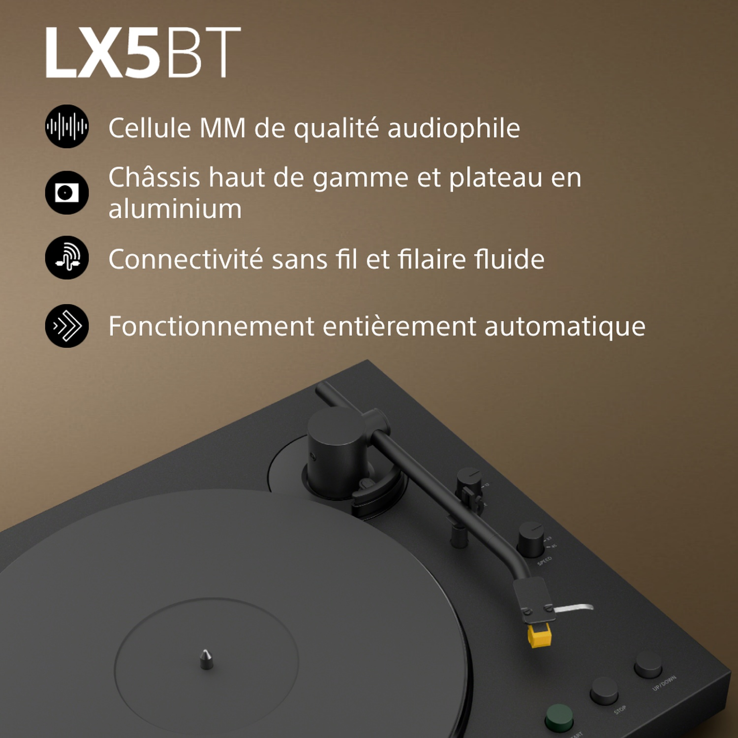Platine vinyle noire LX5BT avec fonctionnement automatique et châssis alu.