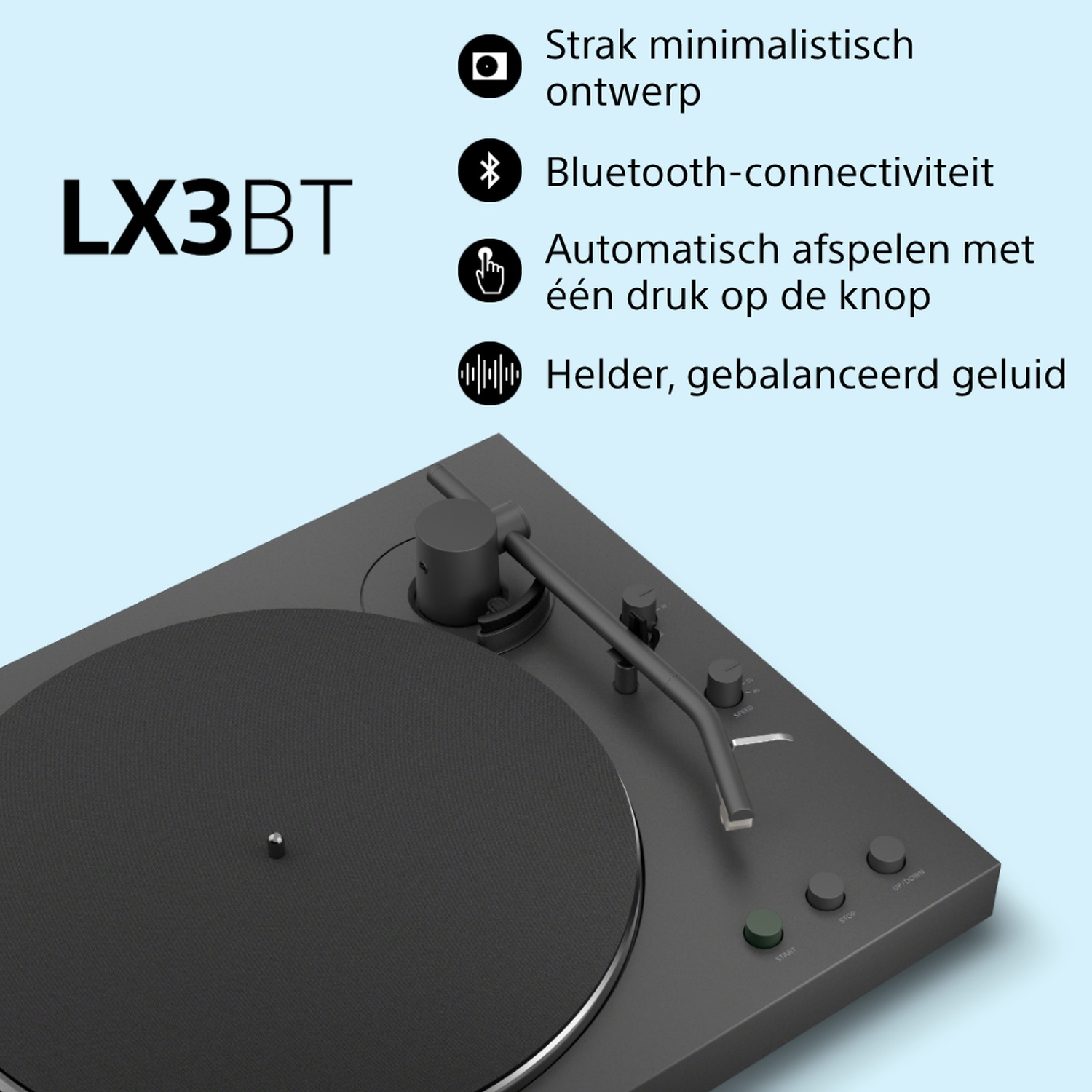 A black turntable with LX3BT logo, featuring Bluetooth and auto-play.