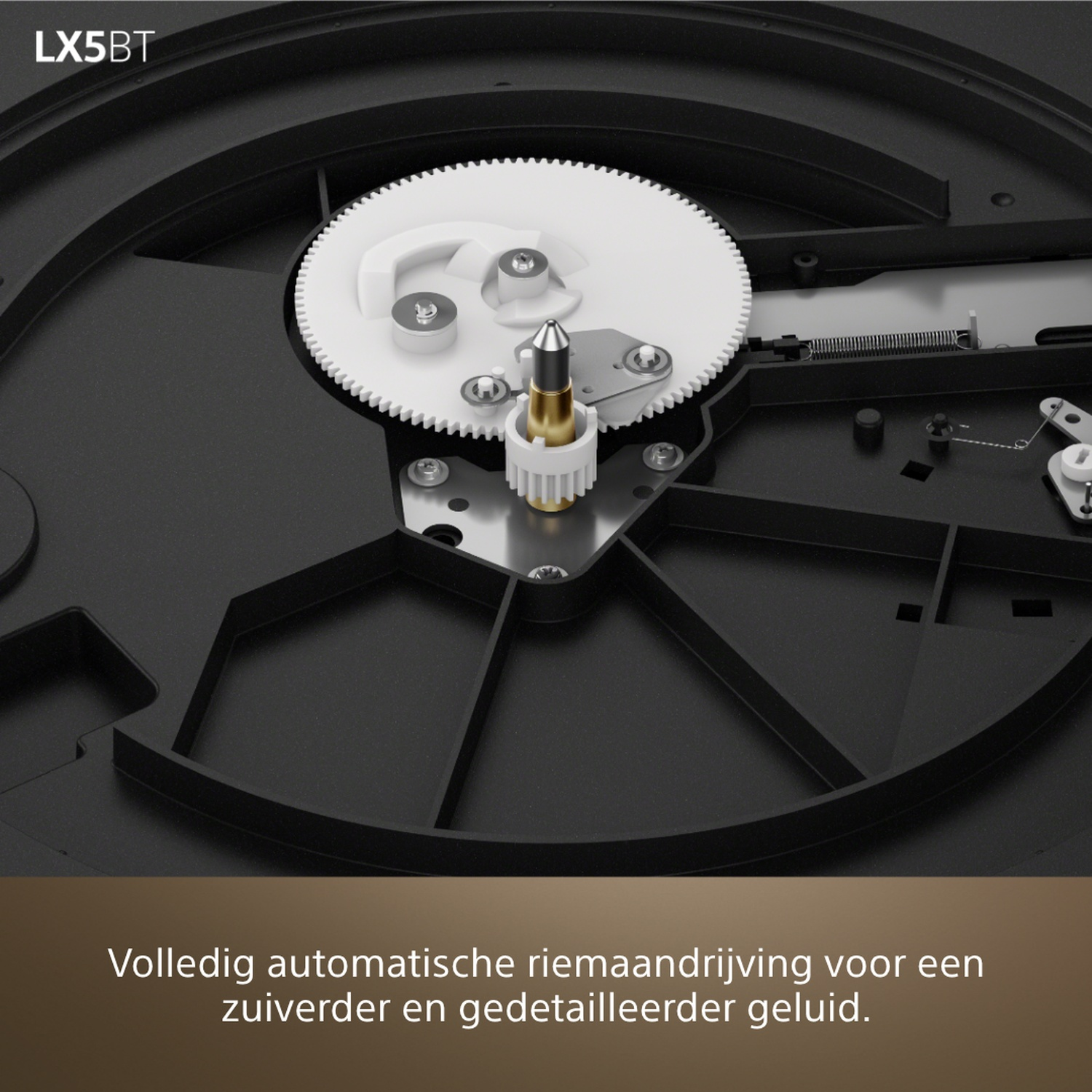 Close-up van een platenspeler mechanisme met tandwiel en aandrijfsysteem.