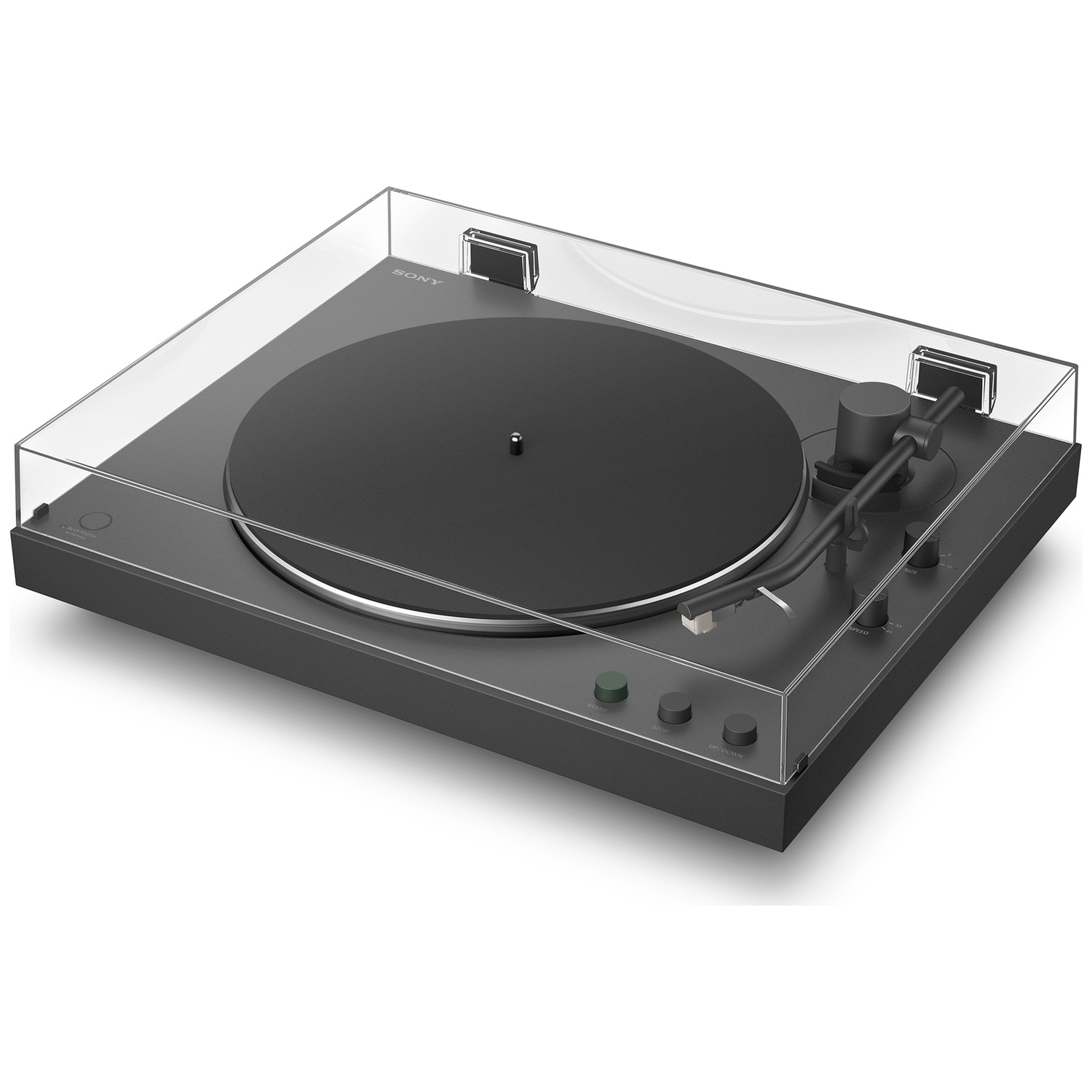 A black turntable with a clear lid rests on a white background.