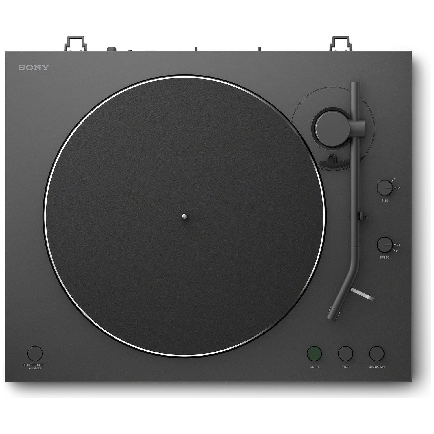 A black Sony turntable with a large round platter and tonearm.