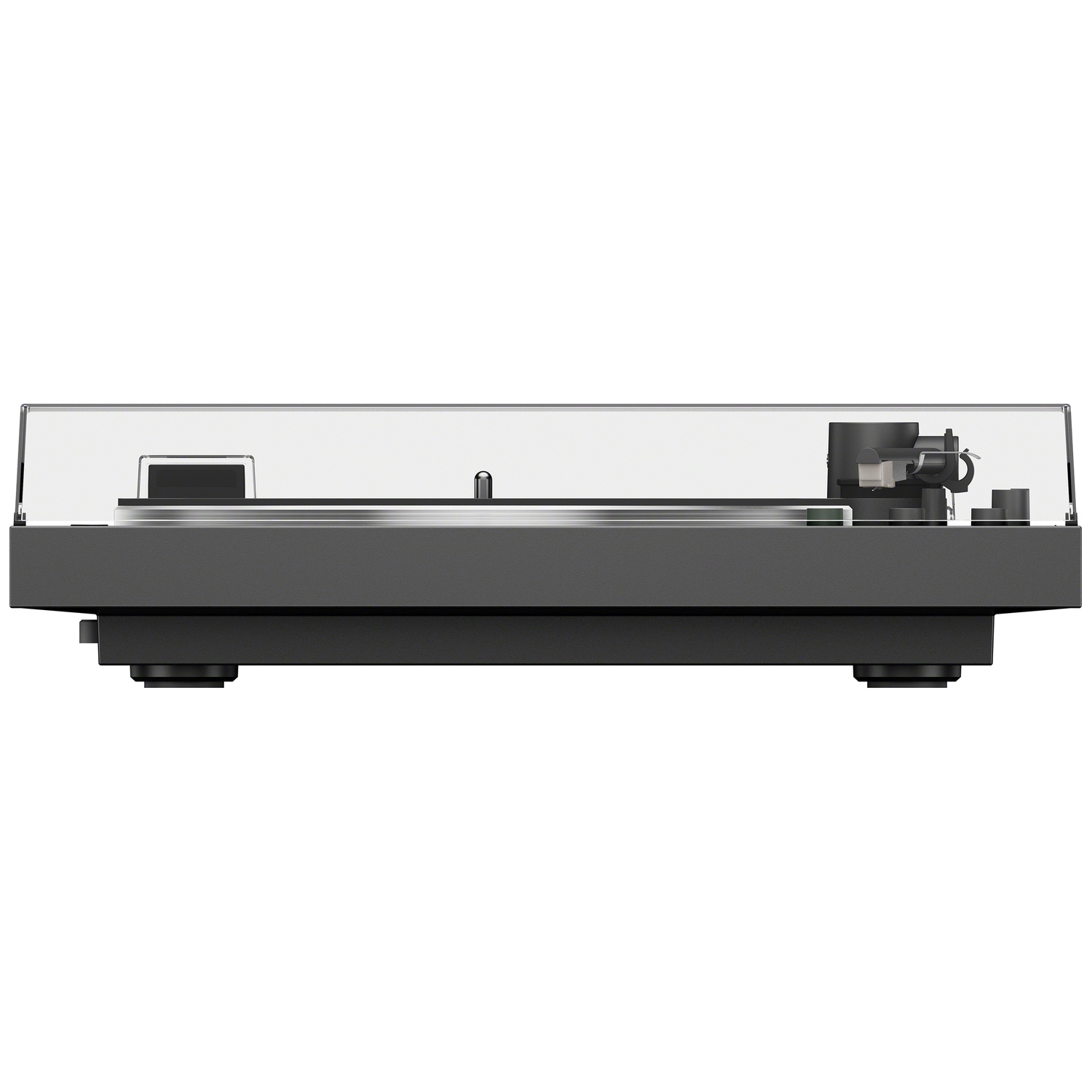 A black turntable with a clear dust cover.