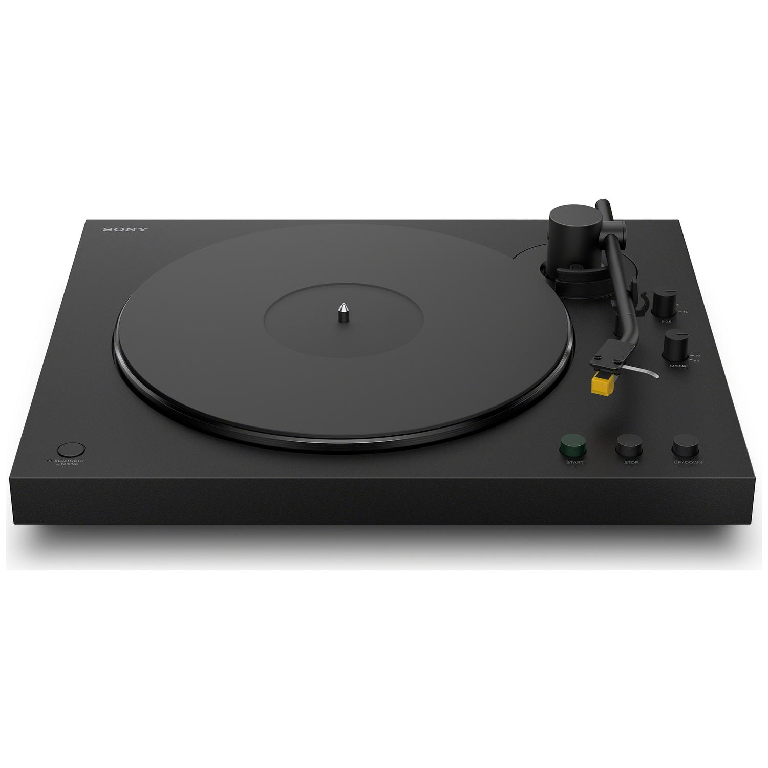 Black turntable with tonearm and control buttons on a white background.