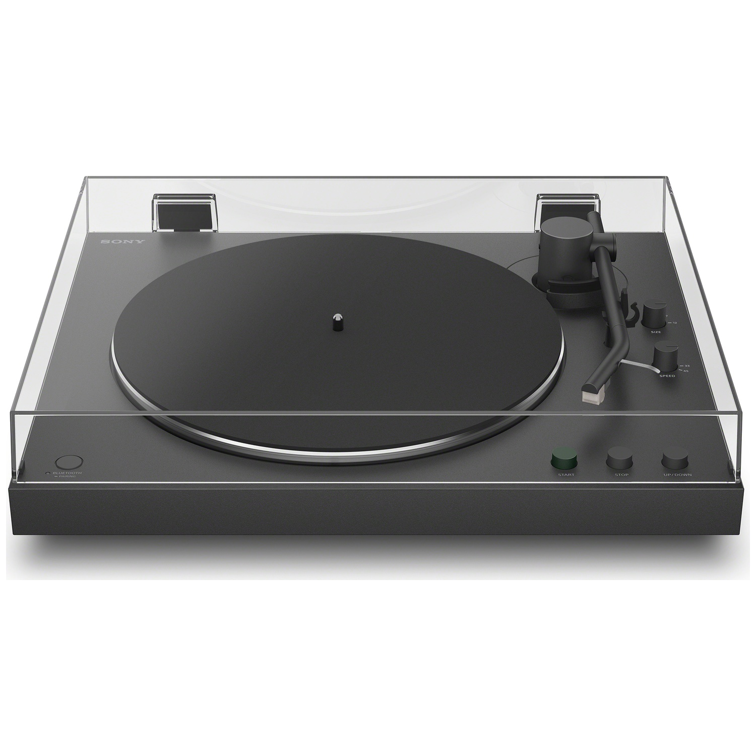 Black turntable with a clear dust cover, tonearm, and control buttons.