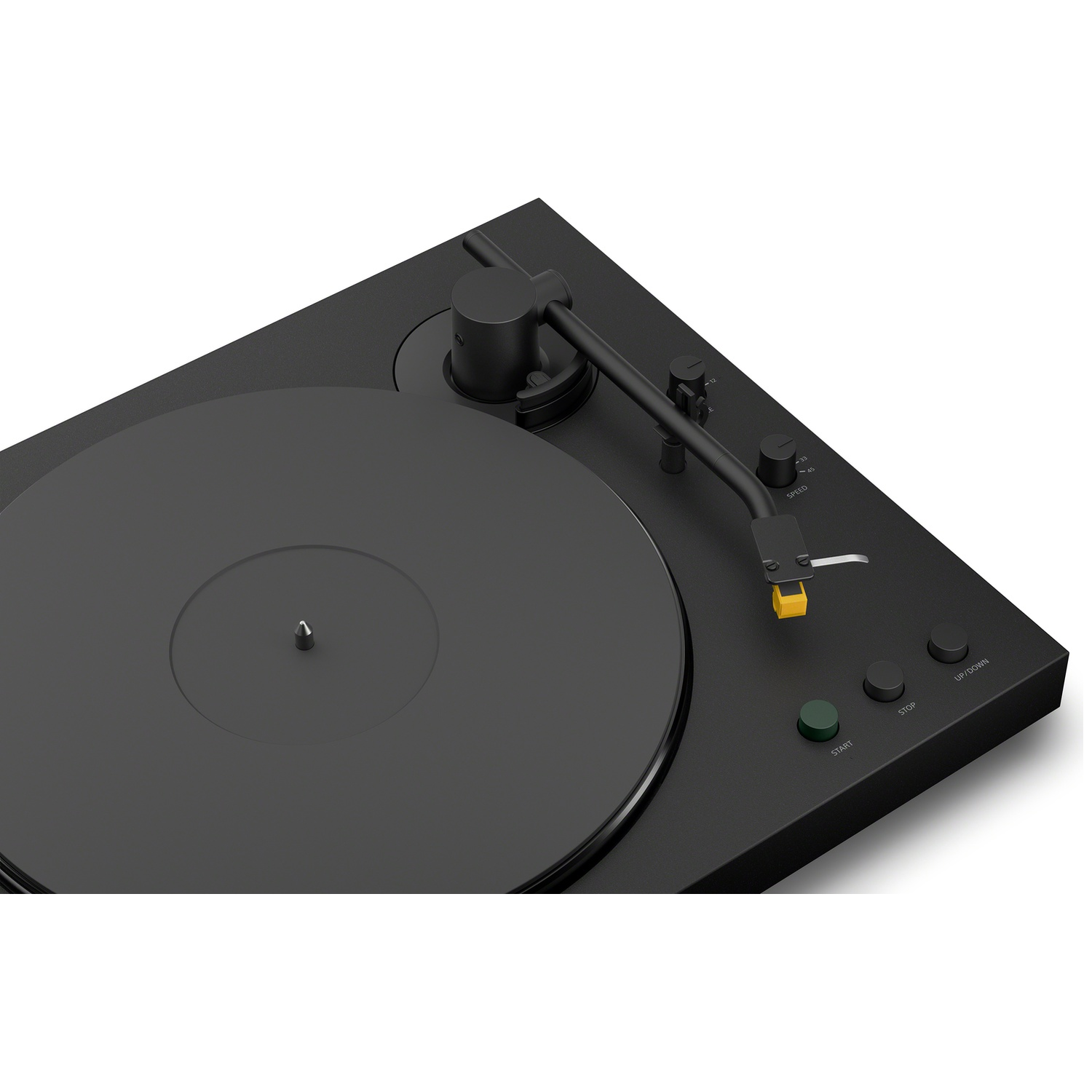 Black turntable with tonearm and needle, featuring control buttons.