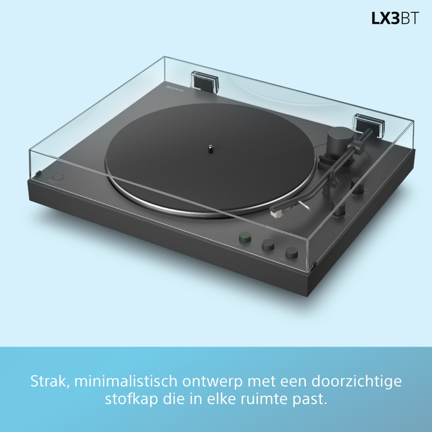Black turntable with a clear dust cover and LX3BT logo.