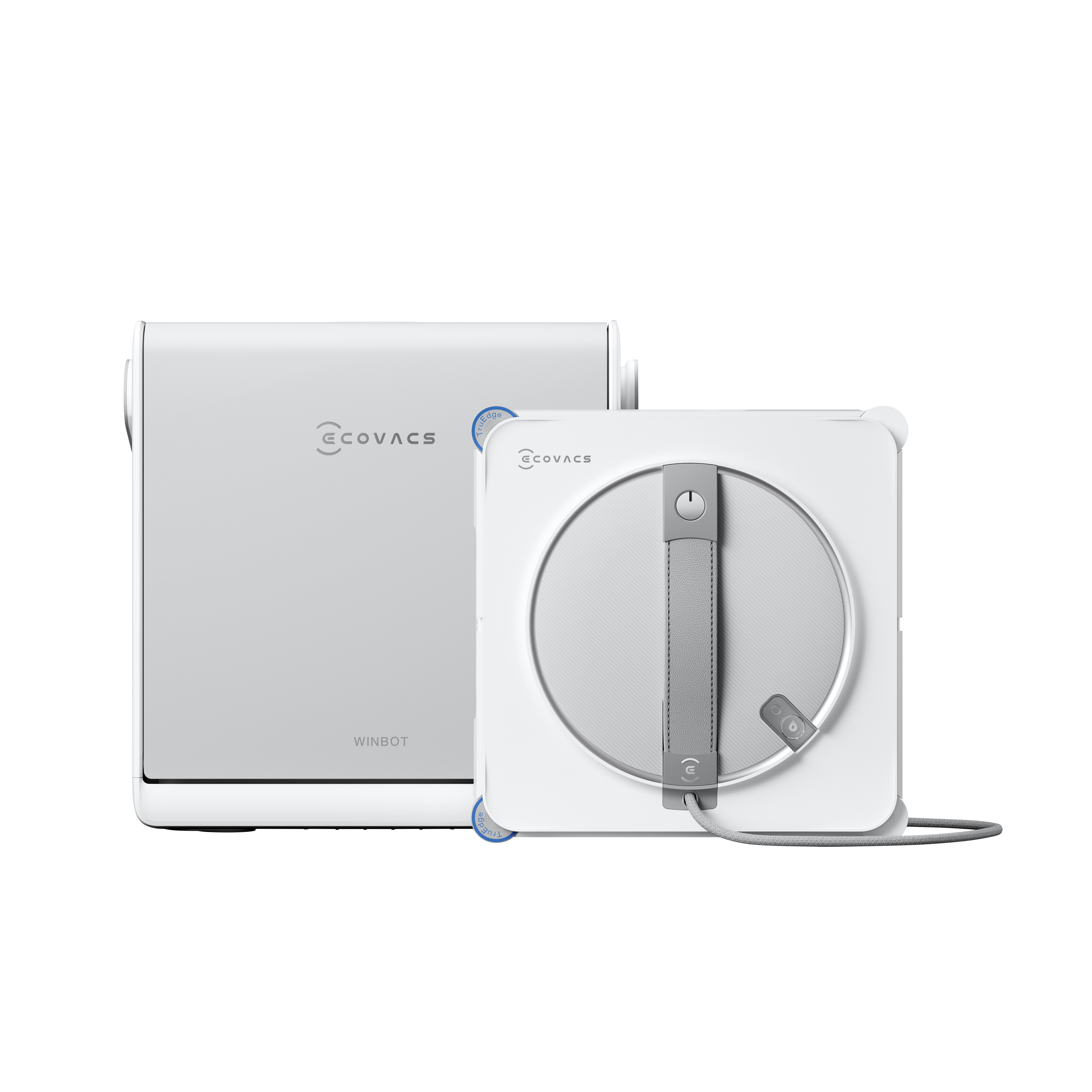 Zwei weiße Ecovacs Fensterreinigungsroboter, ein aufrecht und einer daneben.